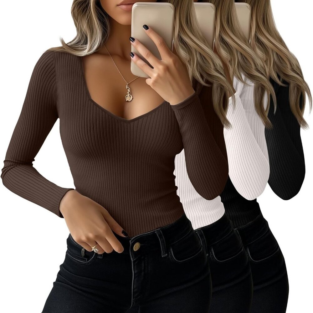 3 Pack Women's Ribbed Long Sleeve Shirts Soft Knit Slim Fit Casual Office